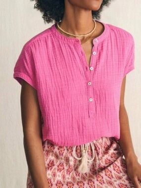 Faherty Hot Pink Cone Flower Cotton Gauze Desmond Top Size S - NEW w/tags